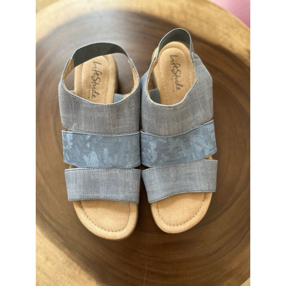 Life Stride Taura Sandals Womens Sz 8W Blue Denim Fabric Wedge Open Toe Shoes